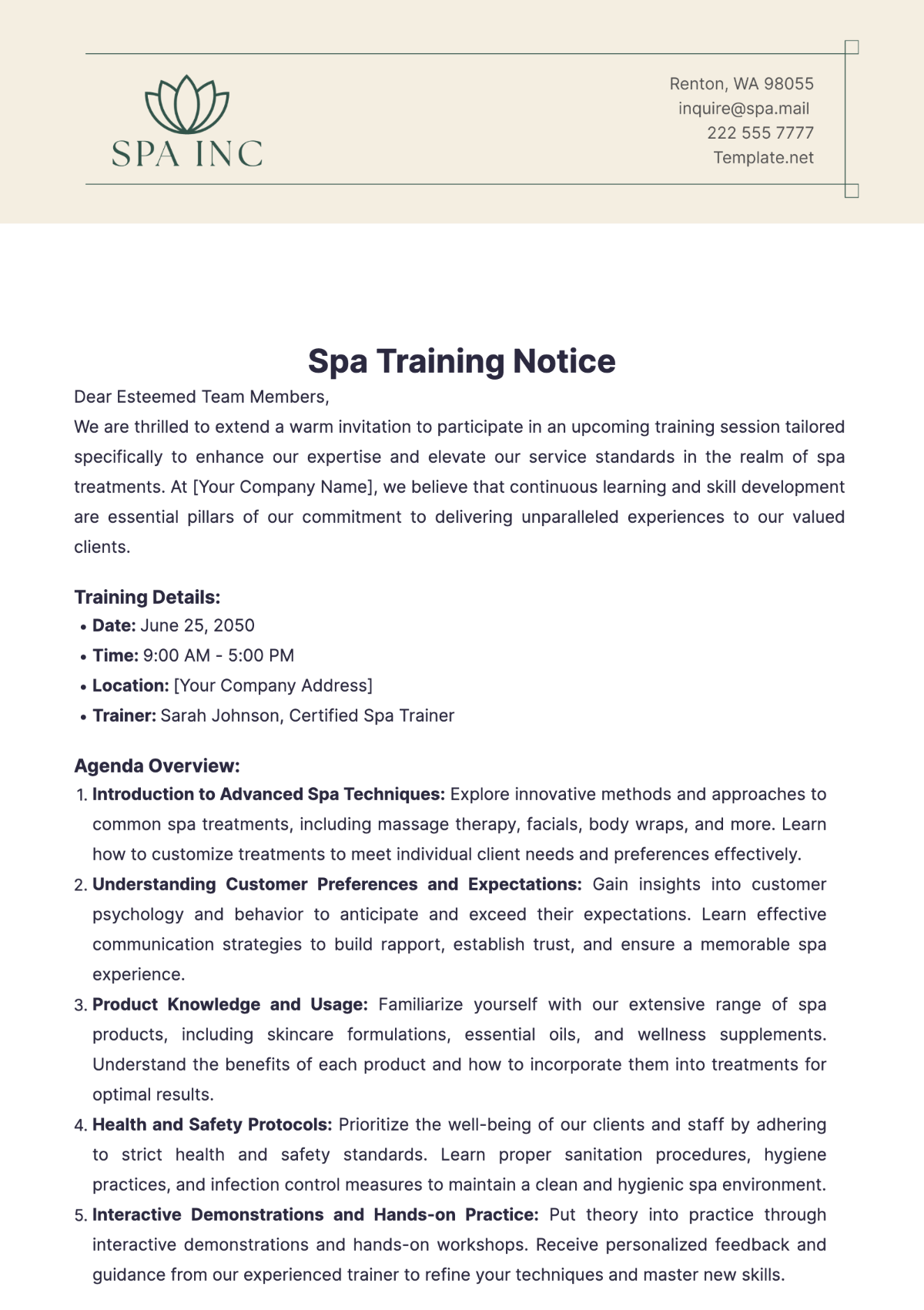 Spa Training Notice Template - Edit Online & Download