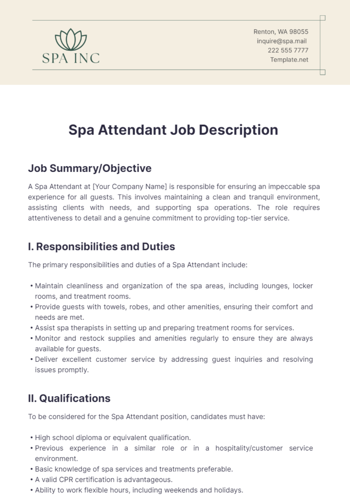 Spa Attendant Job Description Template - Edit Online & Download