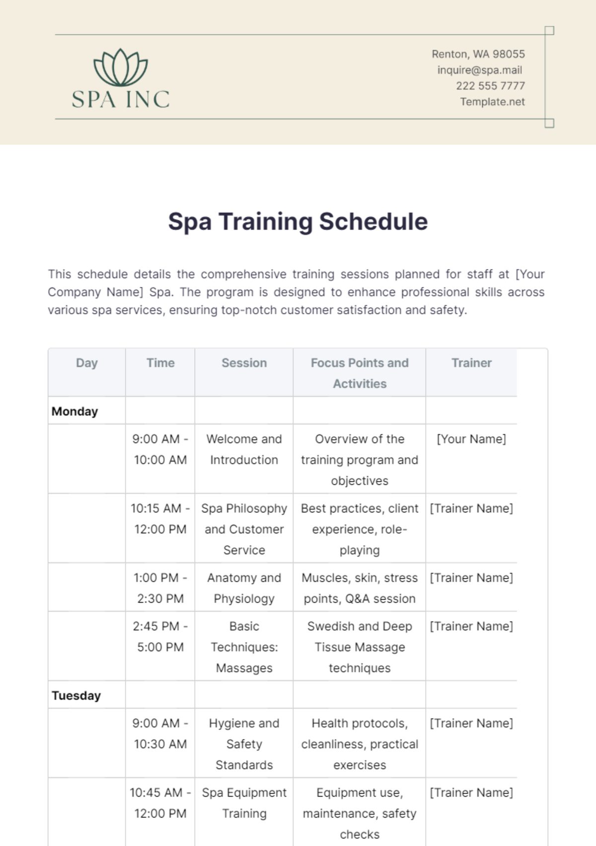 Spa Training Schedule Template - Edit Online & Download