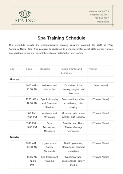 Free Spa Training Schedule Template to Edit Online