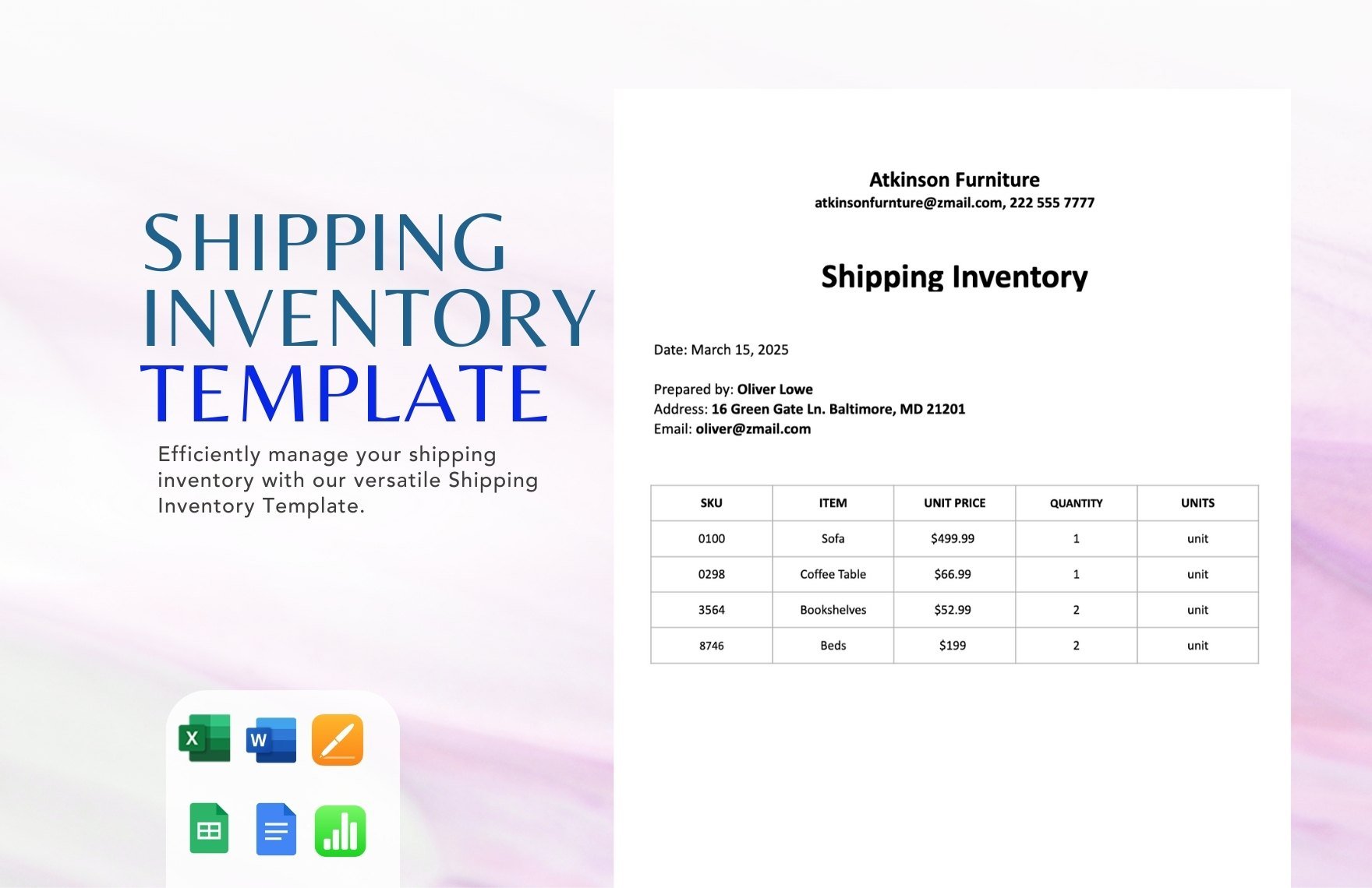 Shipping Inventory Template in Word, Google Docs, Excel, Google Sheets, Apple Pages, Apple Numbers