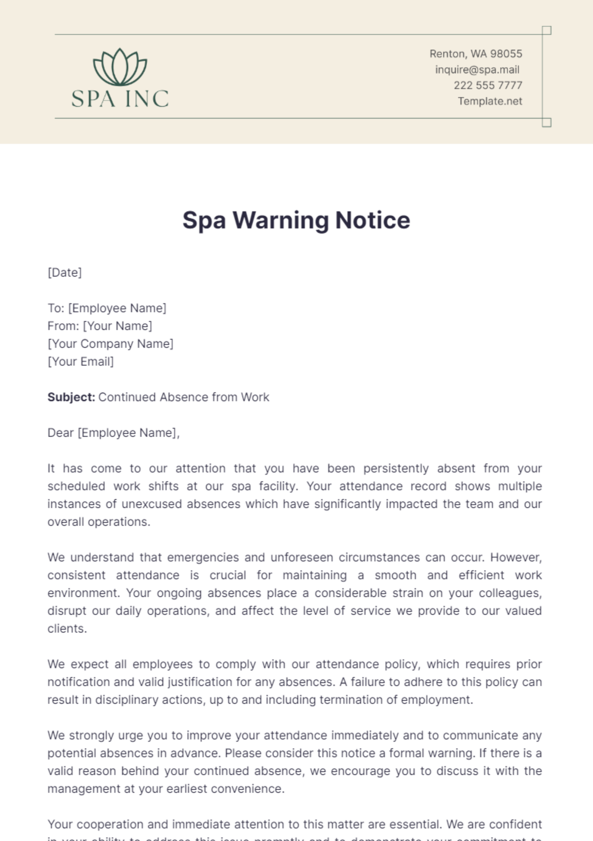 Spa Warning Notice Template - Edit Online & Download