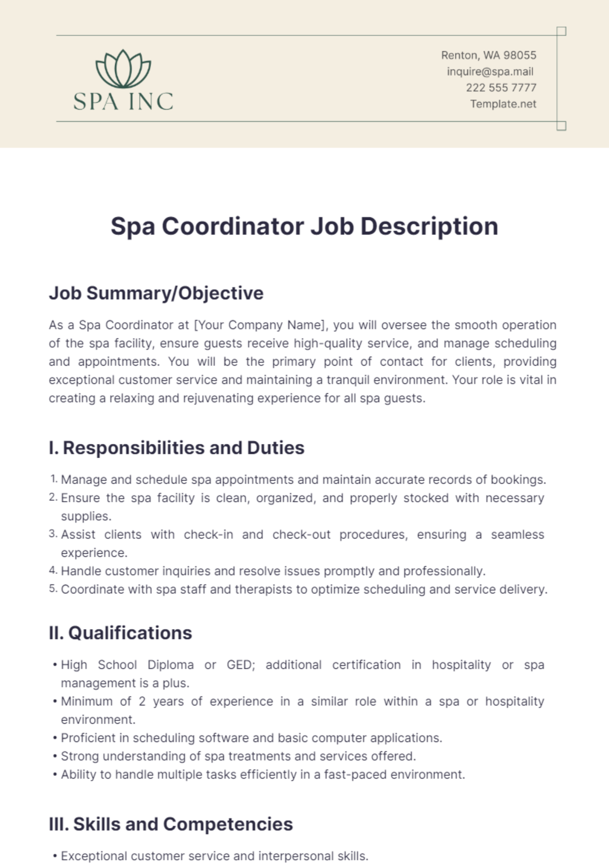 Spa Coordinator Job Description Template - Edit Online & Download