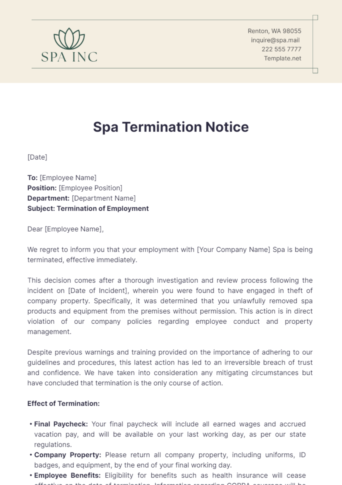 Spa Termination Notice Template - Edit Online & Download