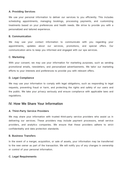 Free Spa Privacy Policy Template to Edit Online