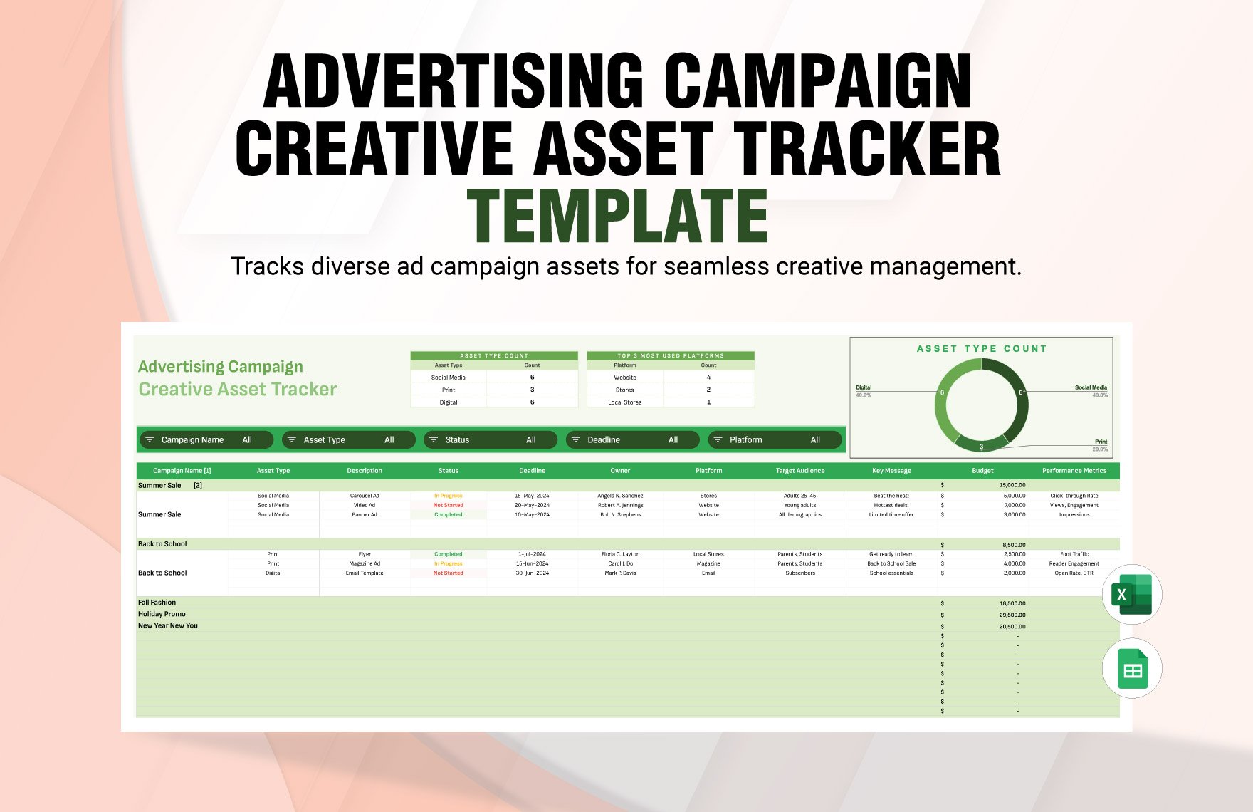 Advertising Campaign Creative Asset Tracker Template in Excel, Google Sheets