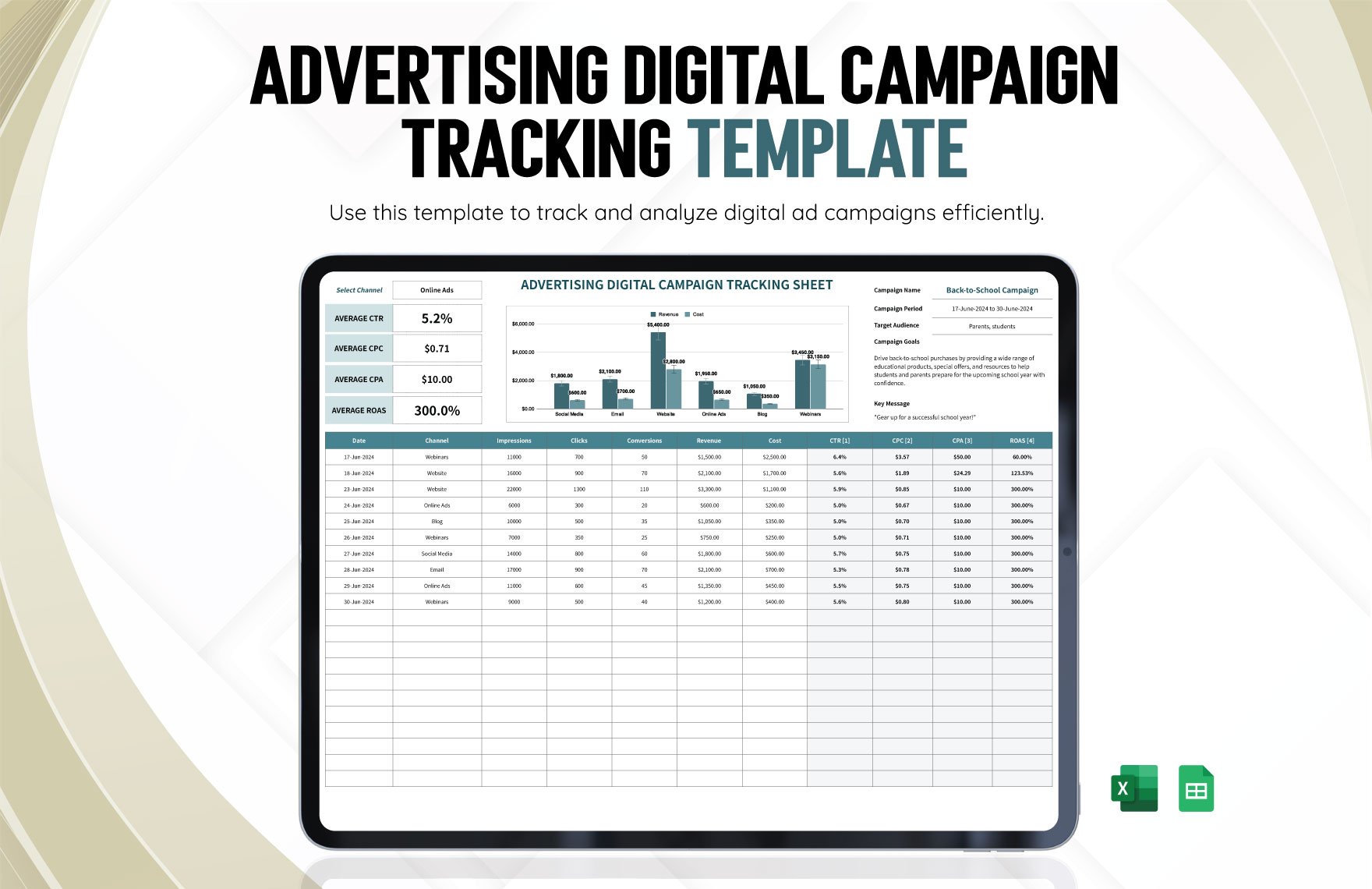 Advertising Digital Campaign Tracking Sheet Template in Excel, Google Sheets