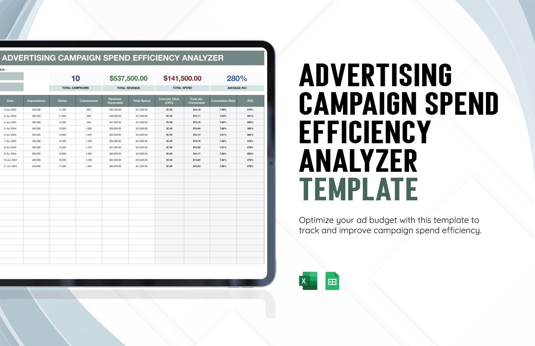 Advertising Campaign Spend Efficiency Analyzer Template in Excel, Google Sheets