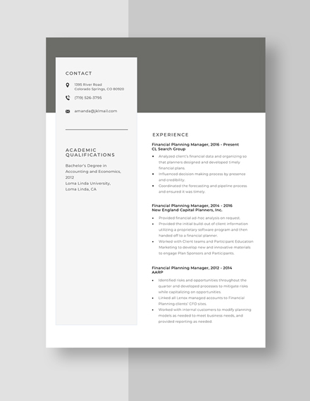 Financial Planning Manager Resume Template