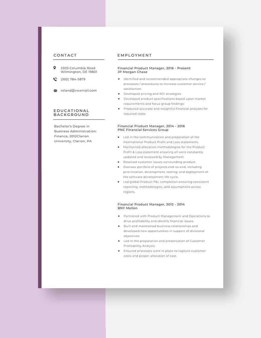 Financial Product Manager Resume
