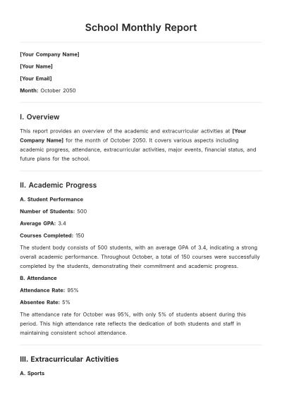 Free School Monthly Report Template to Edit Online