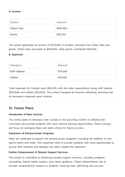 Free School Monthly Report Template to Edit Online