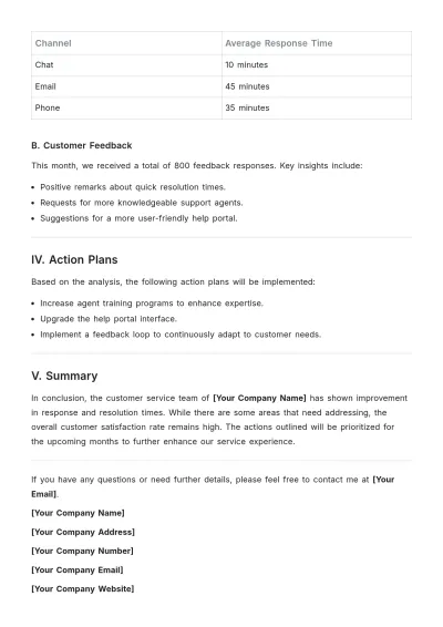 Free Monthly Customer Service Report Template to Edit Online