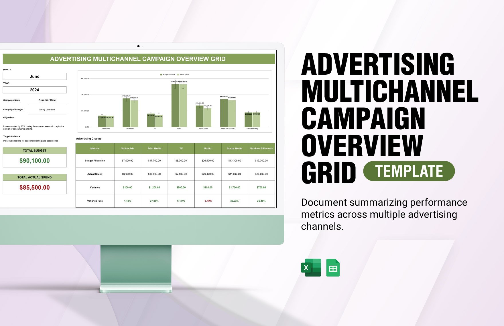 Advertising Multichannel Campaign Overview Grid Template in Excel, Google Sheets