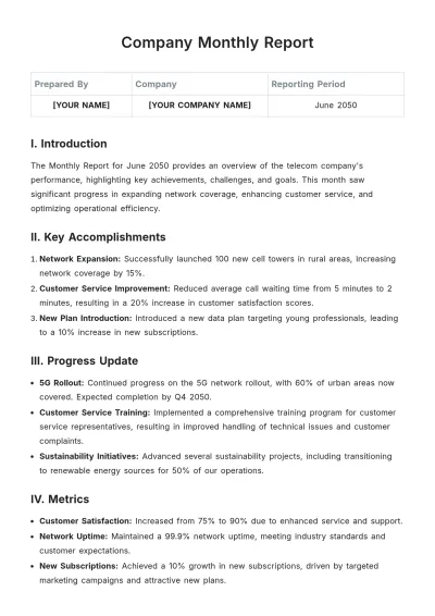 Free Company Monthly Report Template to Edit Online