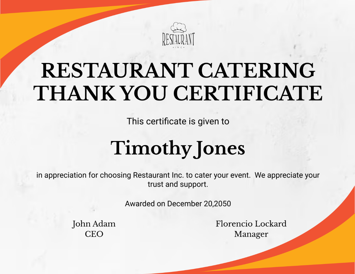 Restaurant Catering Thank you Certificate