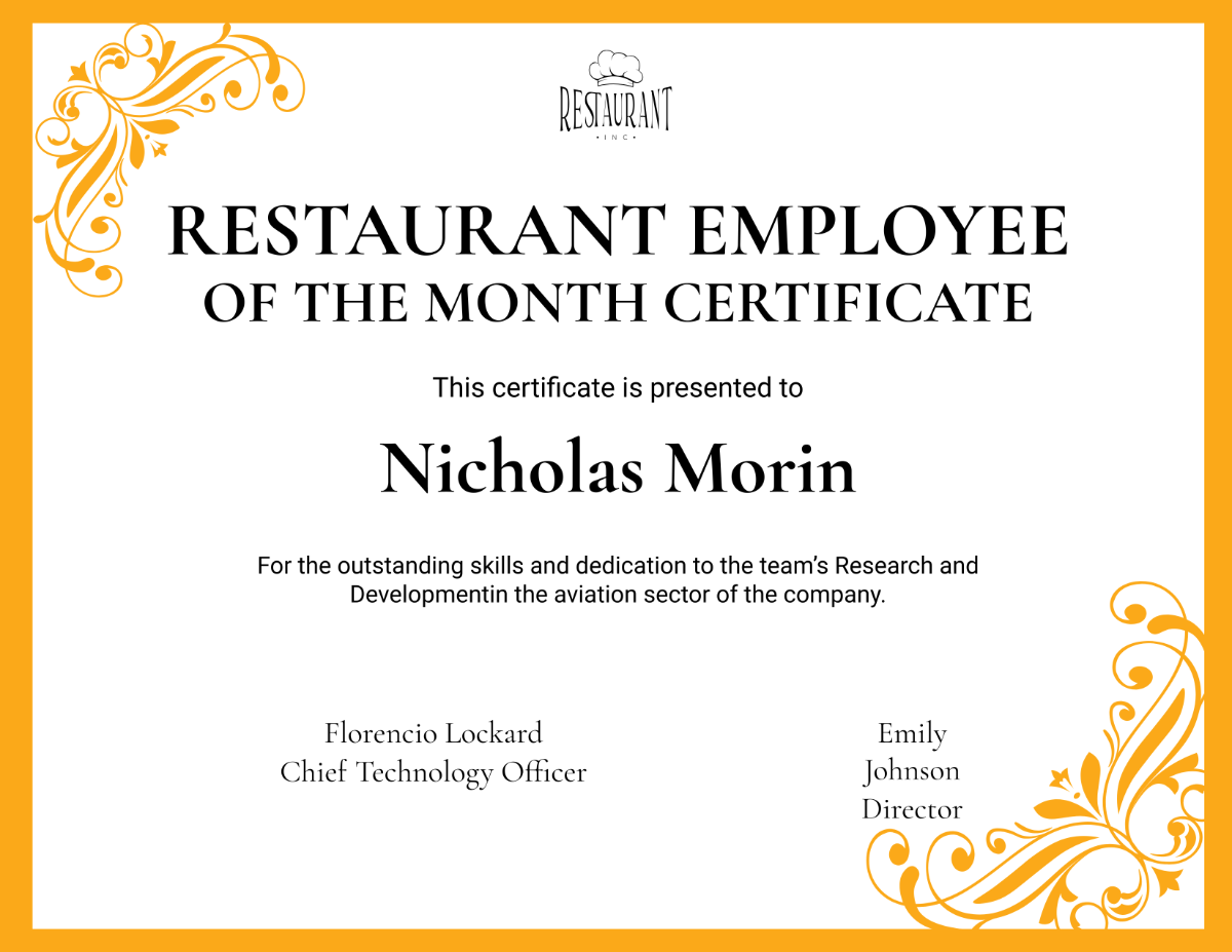 Restaurant Employee of the Month Certificate