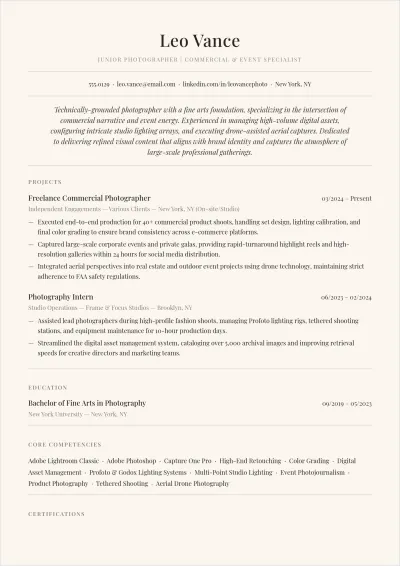 Free Junior Photographer ATS Resume Template, AI Resume Builder