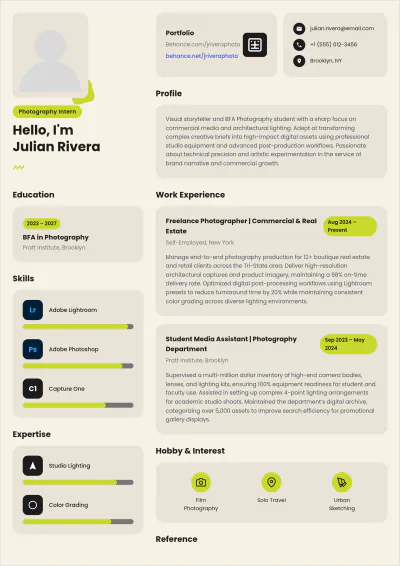 Free Photography Internship ATS Resume Template, AI Resume Builder