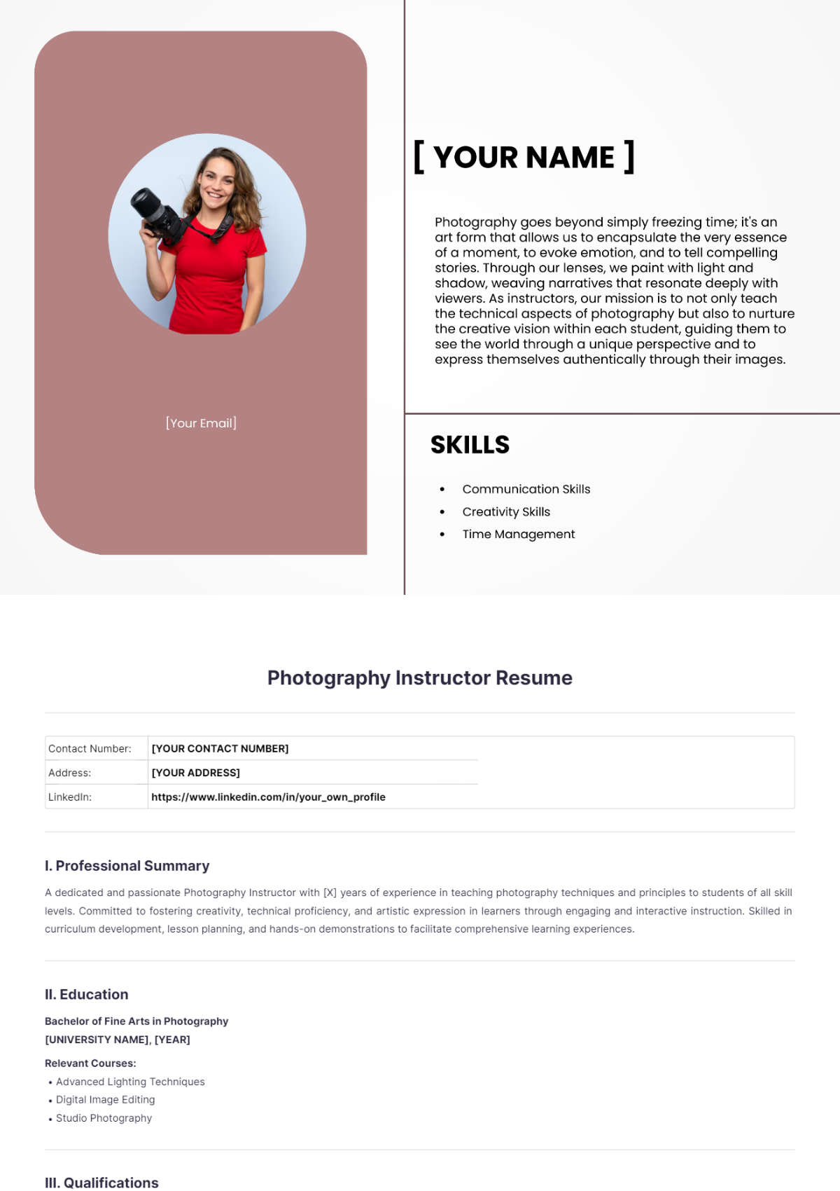 Photography Instructor Resume - Edit Online & Download