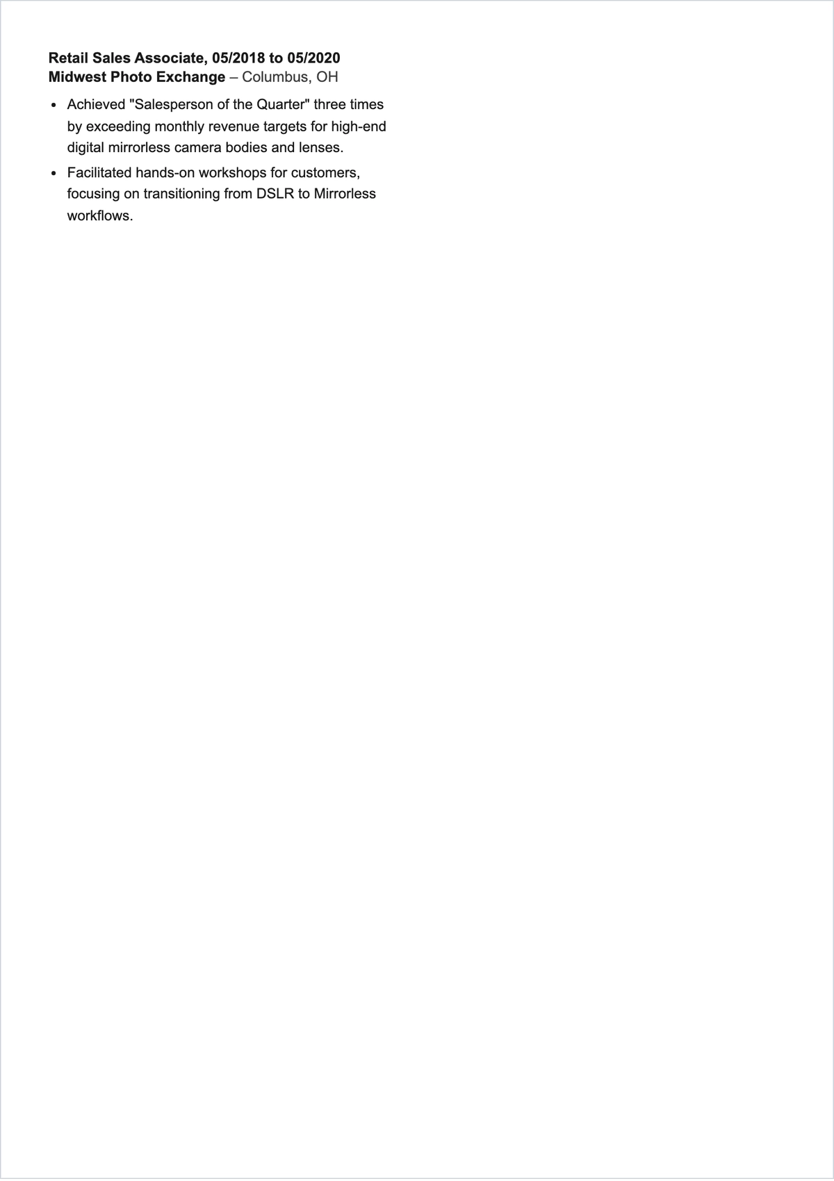 Free Photographer Customer Service Representative Resume to Edit Online