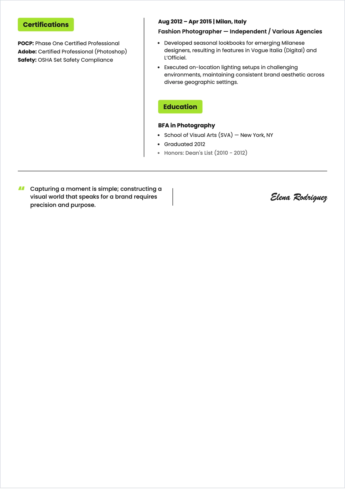 Free Minimalist Woman Photographer ATS Resume Template