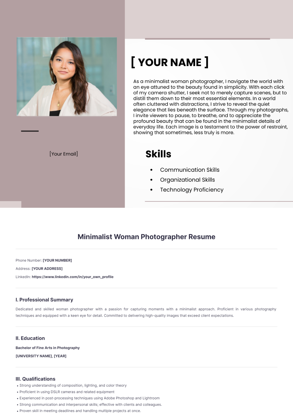 Minimalist Woman Photographer Resume - Edit Online & Download