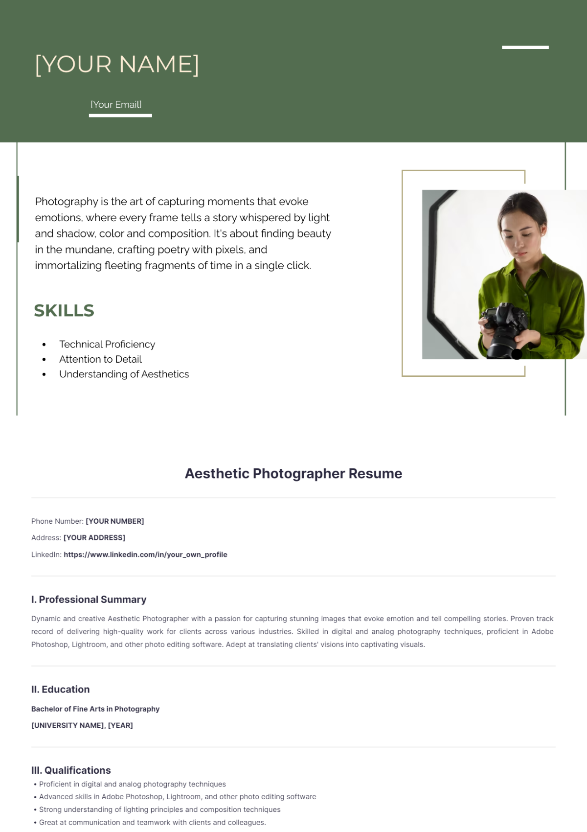 Aesthetic Photographer Resume - Edit Online & Download