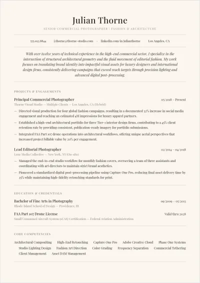 Free Aesthetic Photographer ATS Resume Template, AI Resume Builder