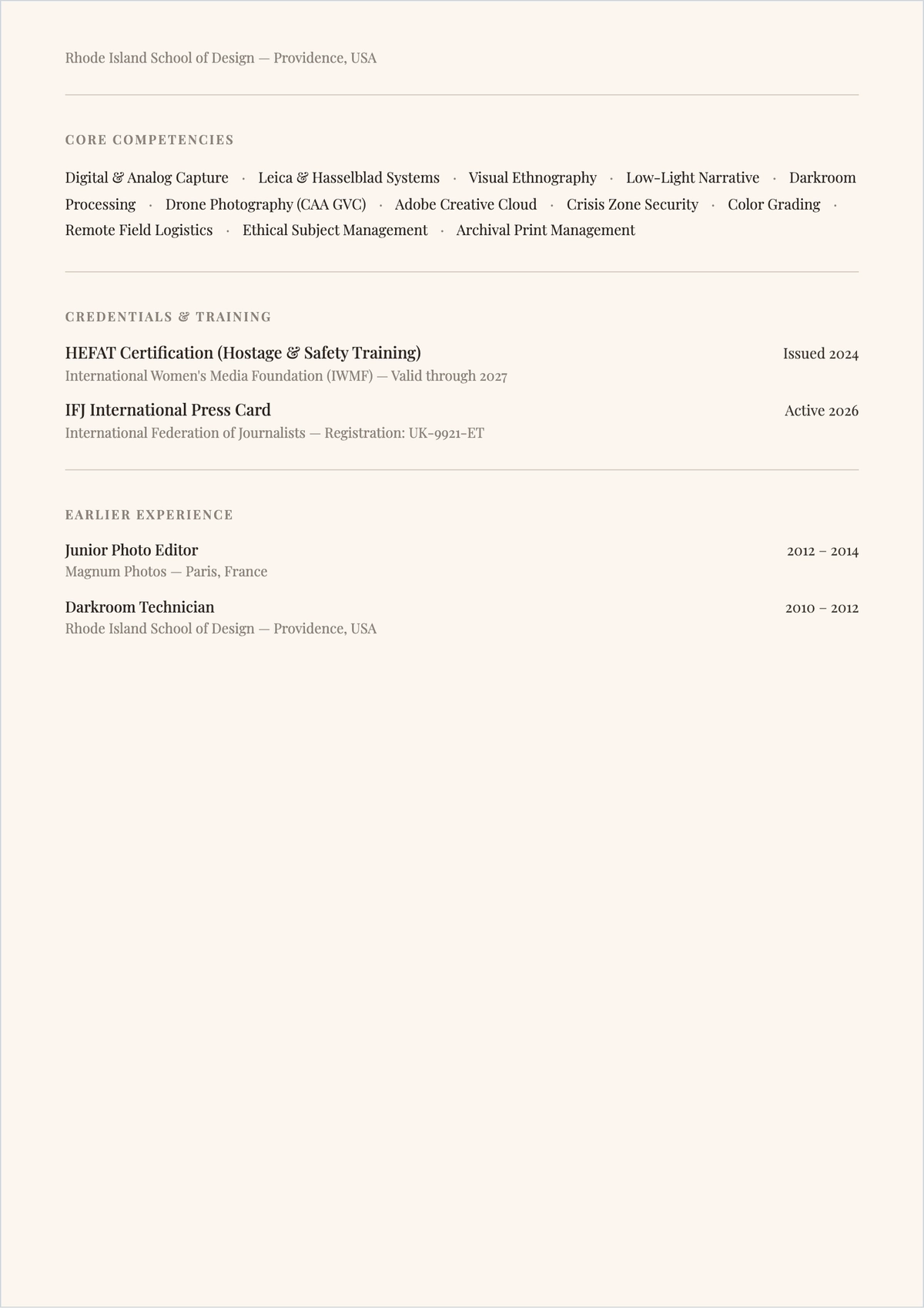 Free Documentary Photography ATS Resume Template, AI Resume Builder