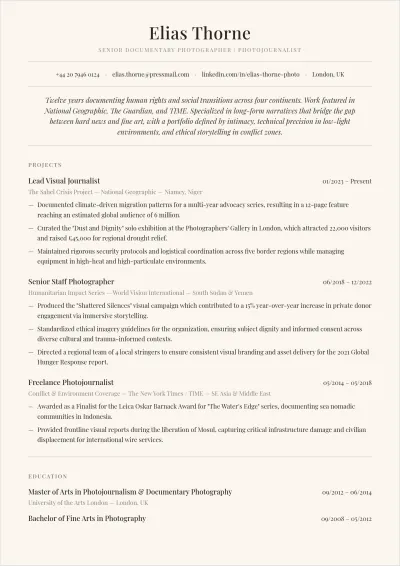 Free Documentary Photography ATS Resume Template, AI Resume Builder