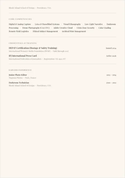 Free Documentary Photography ATS Resume Template, AI Resume Builder