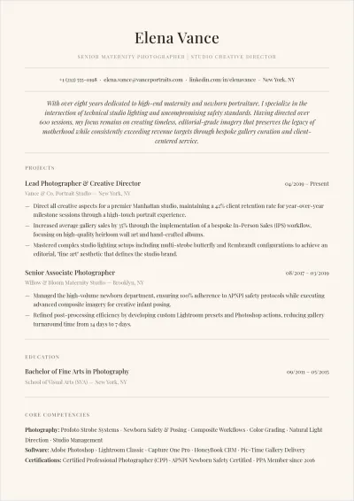 Free Maternity Photographer ATS Resume Template, AI Resume Builder