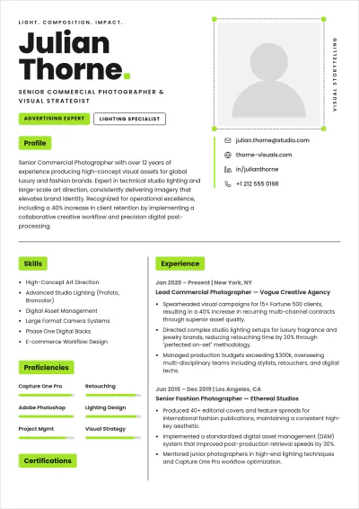 Free Professional Photographer ATS Resume Template, AI Resume Builder