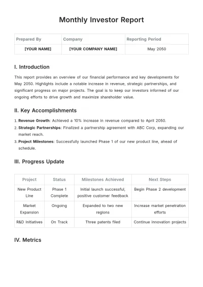 Free Monthly Investor Report Template to Edit Online