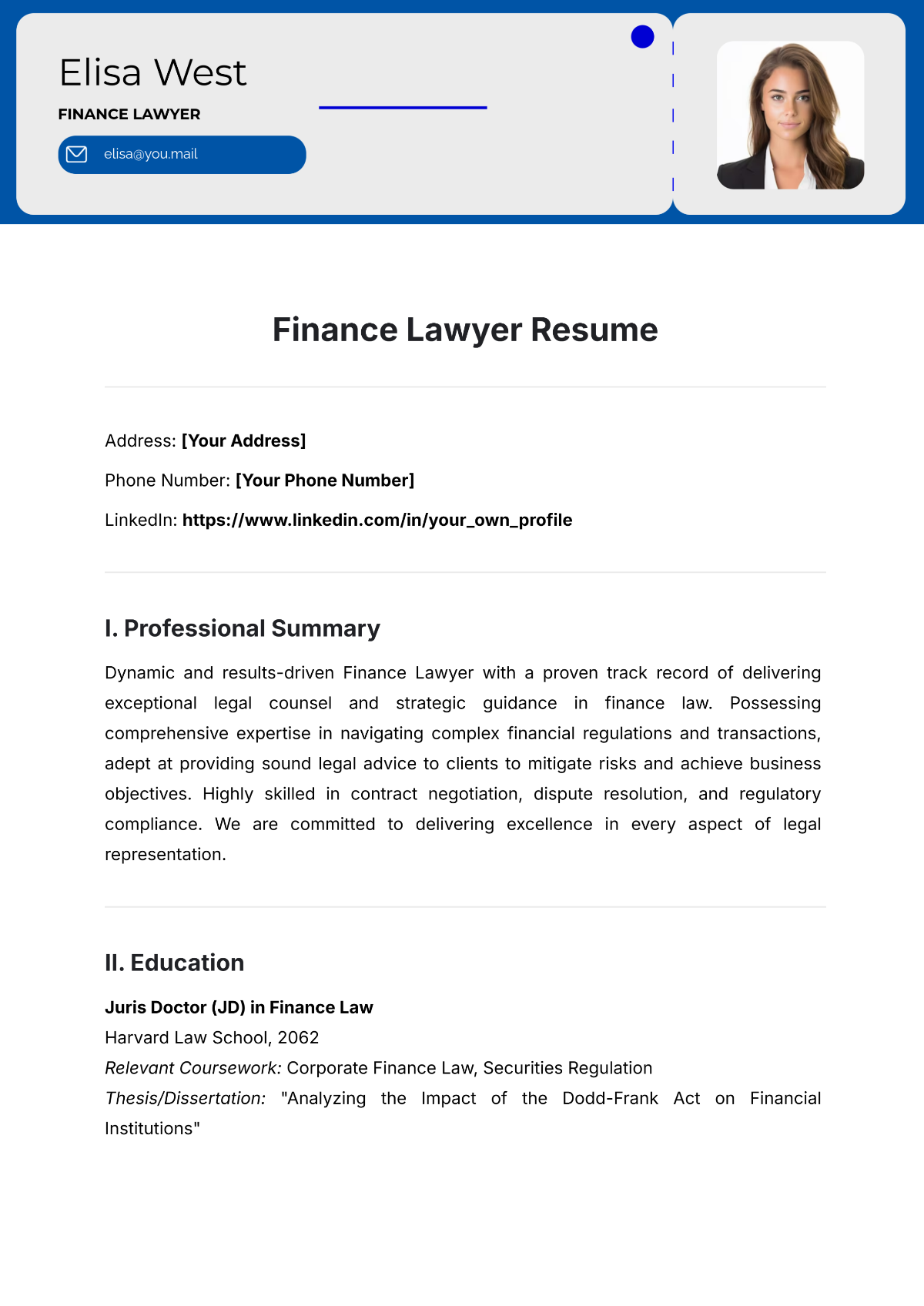 Free Finance Lawyer Resume Template