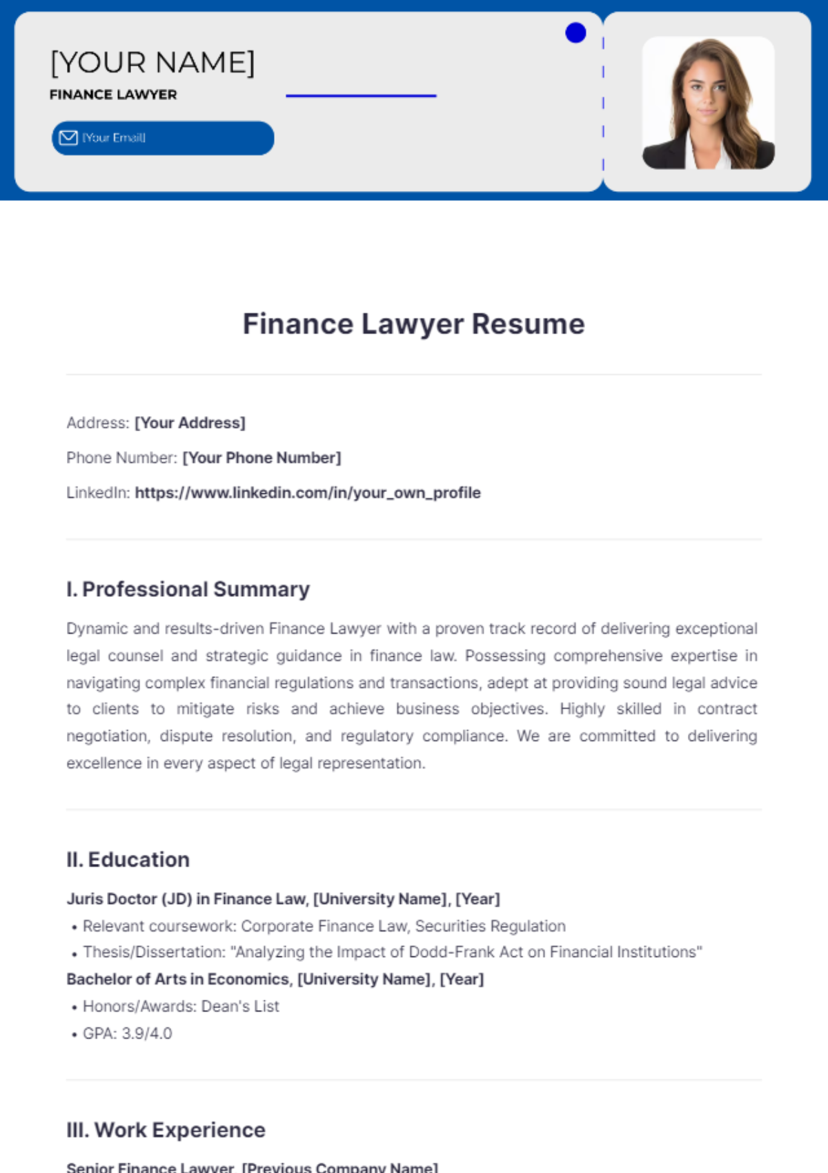 Finance Lawyer Resume - Edit Online & Download