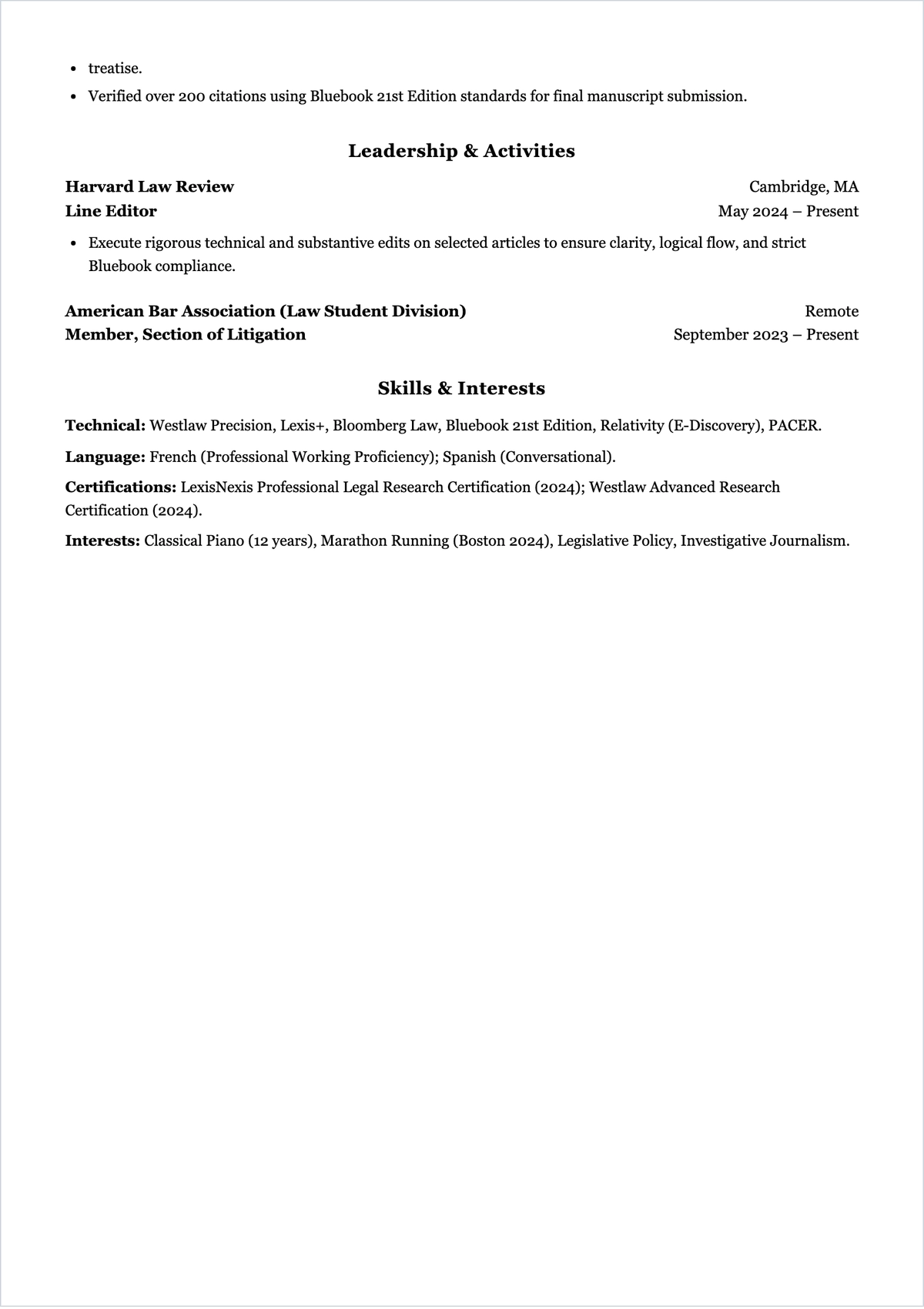 Free Student Lawyer ATS Resume Template, AI Resume Builder