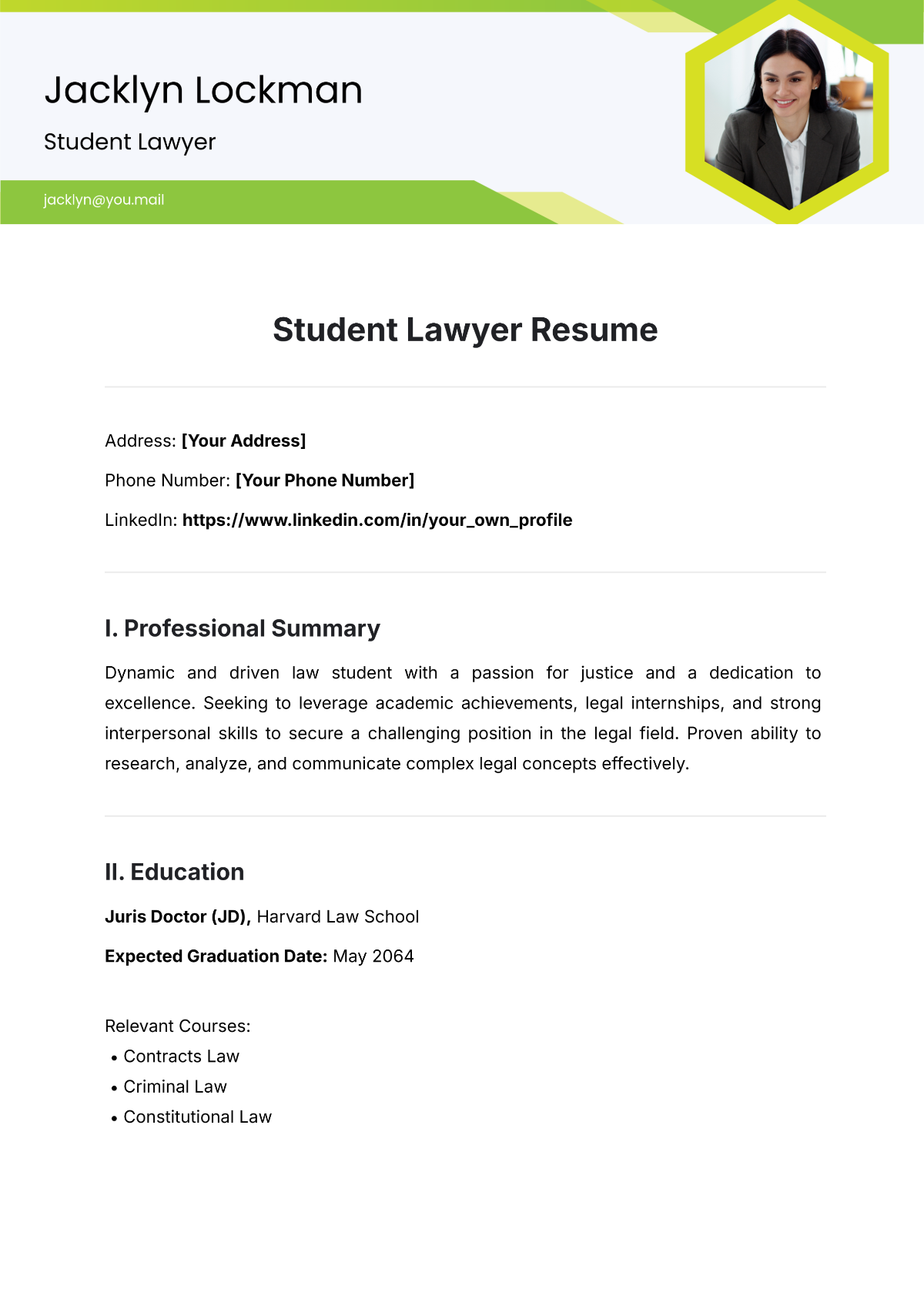 Free Student Lawyer Resume Template