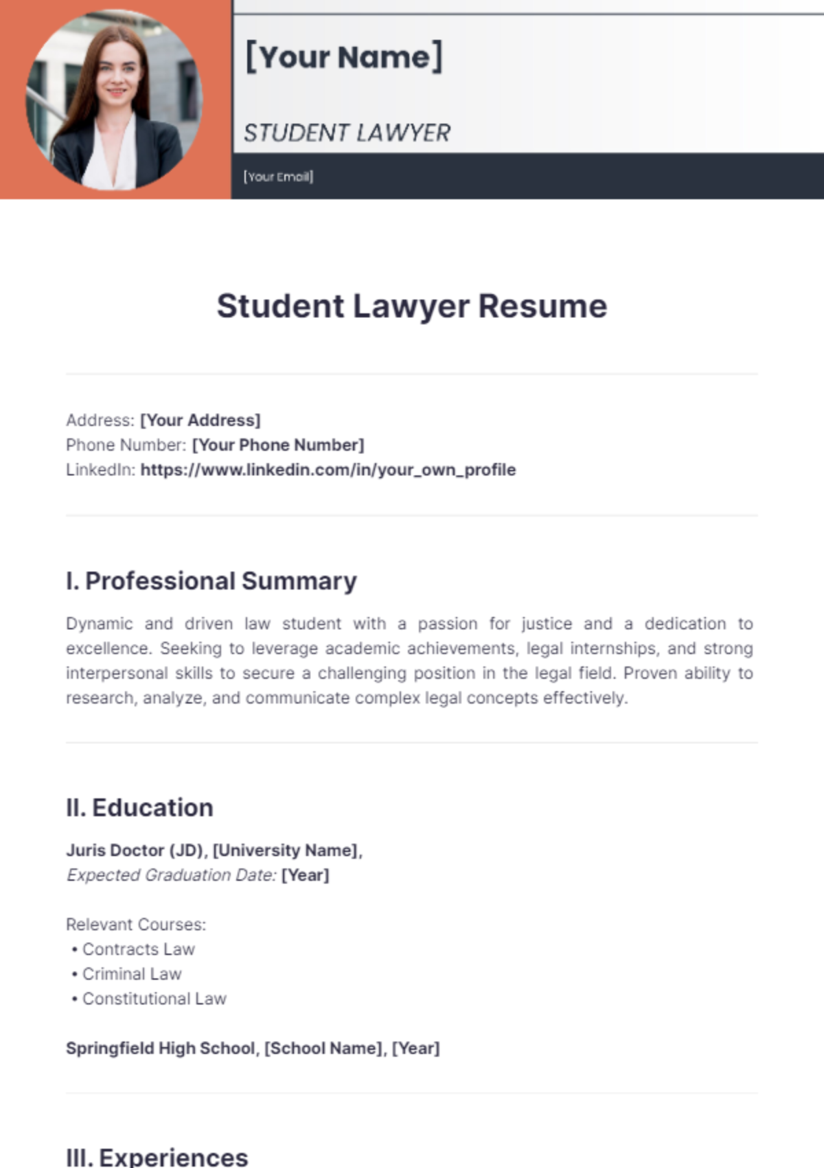 Student Lawyer Resume - Edit Online & Download