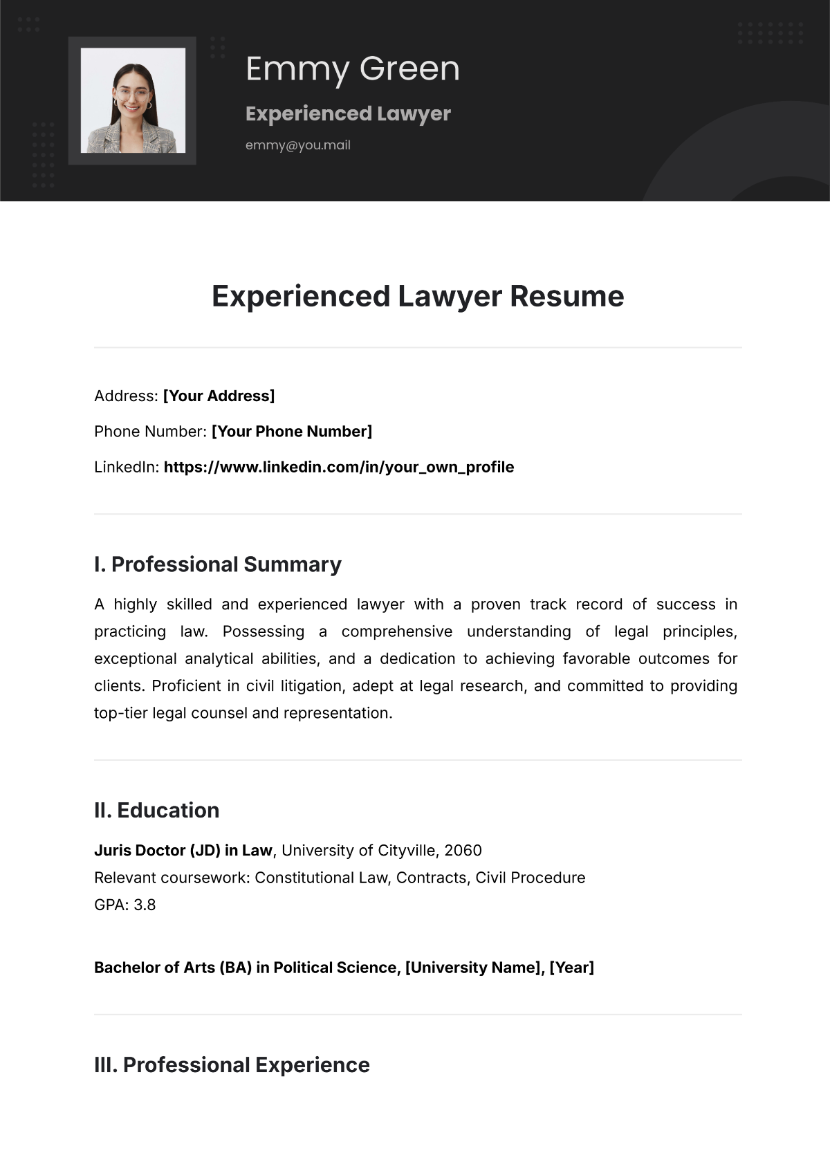 Free Experienced Lawyer Resume Template