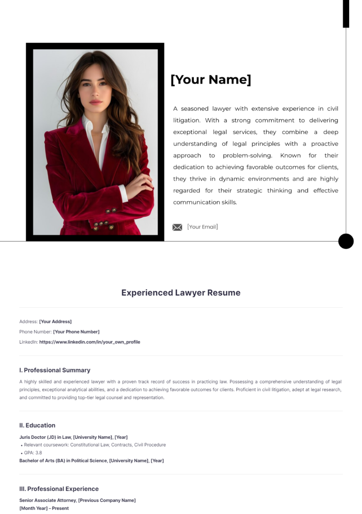 Experienced Lawyer Resume - Edit Online & Download