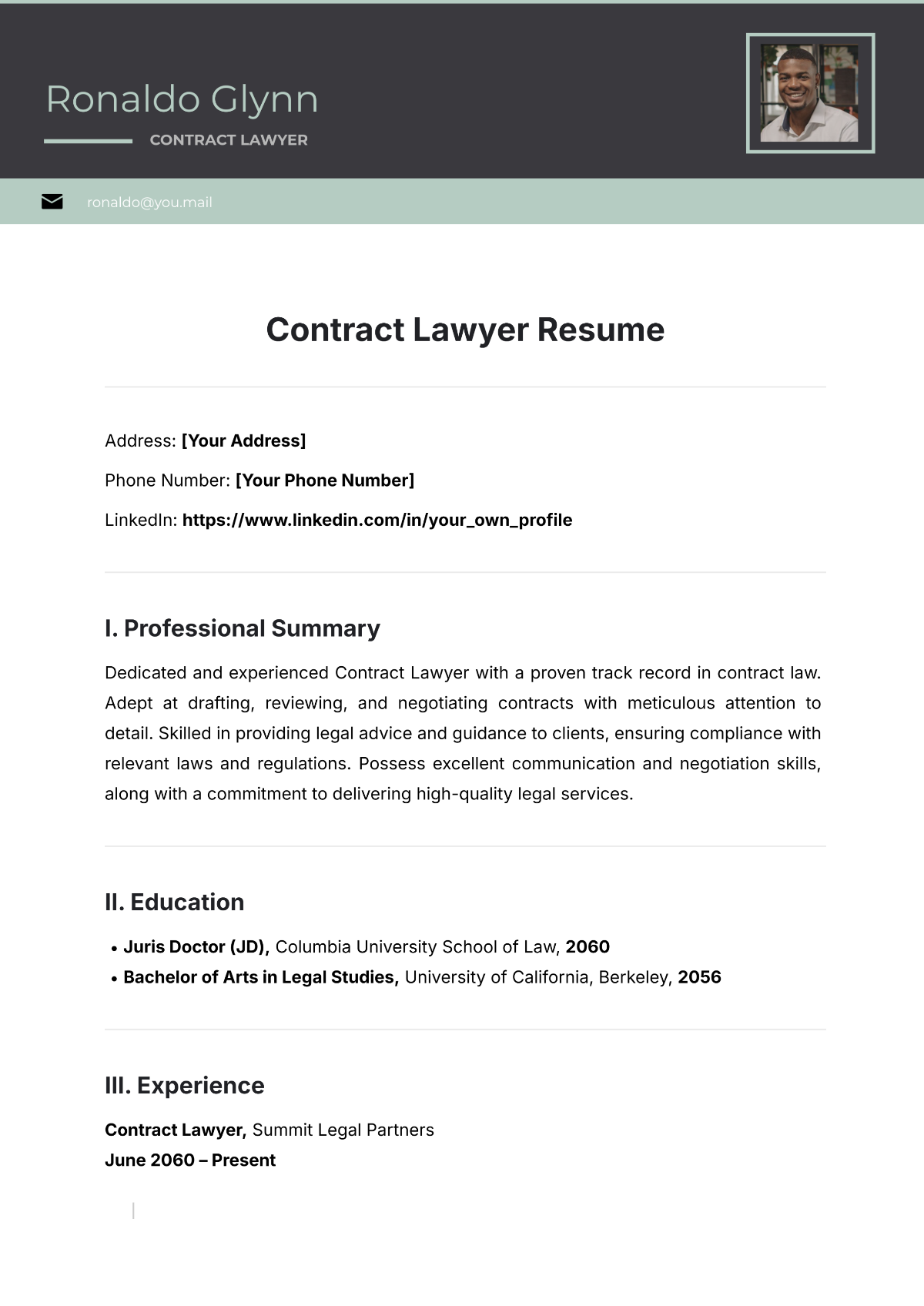 Free Contract Lawyer Resume Template