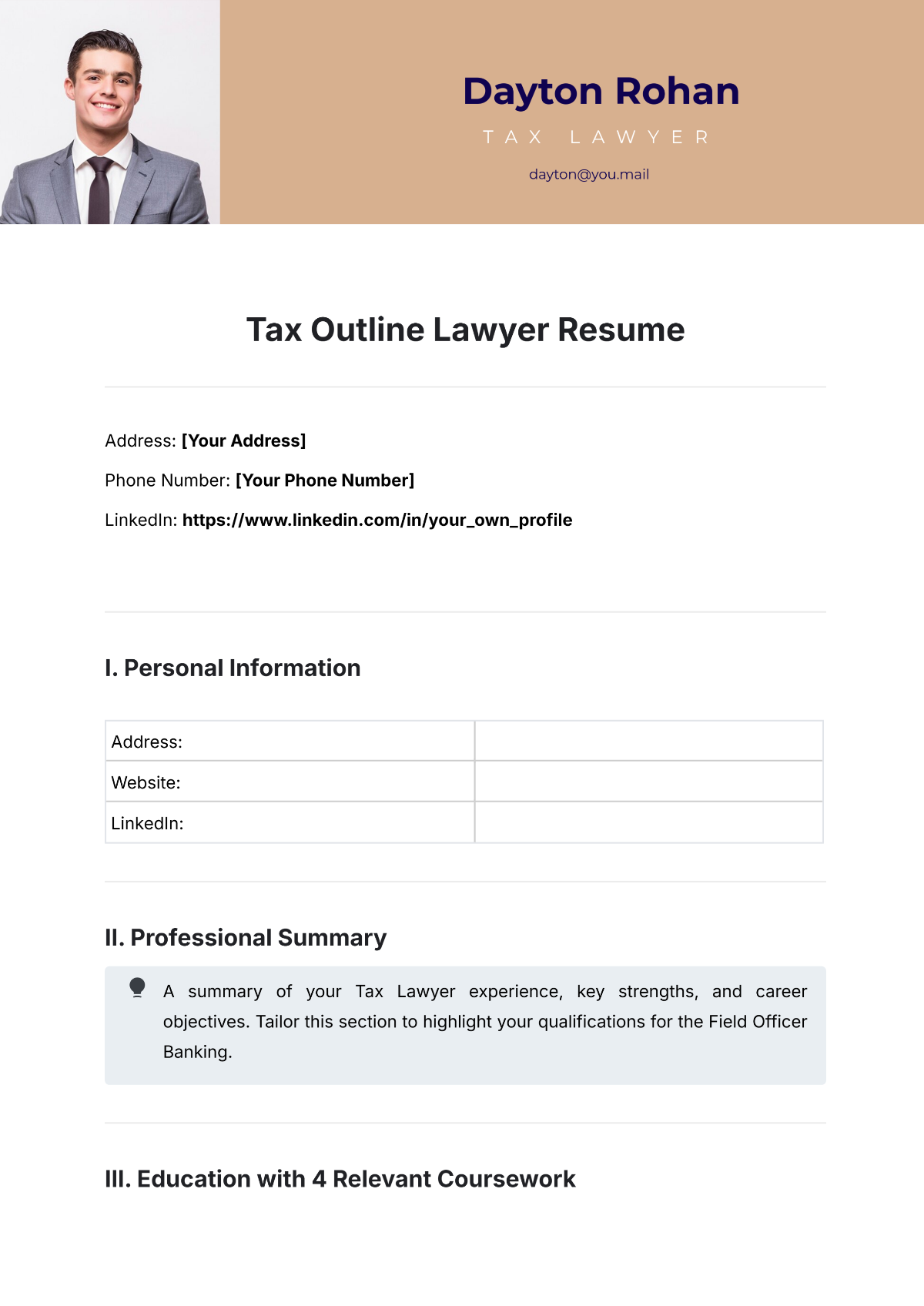 Free Tax Outline Lawyer Resume Template