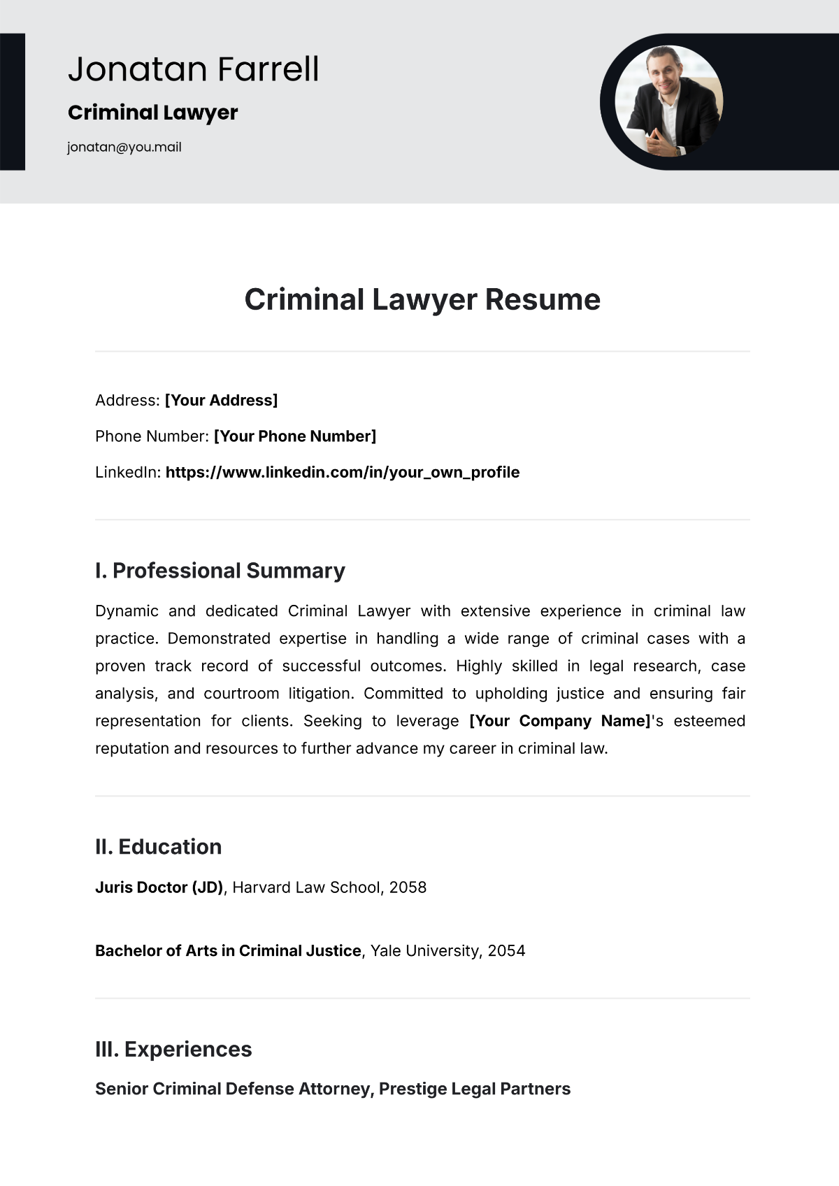 Free Criminal Lawyer Resume Template