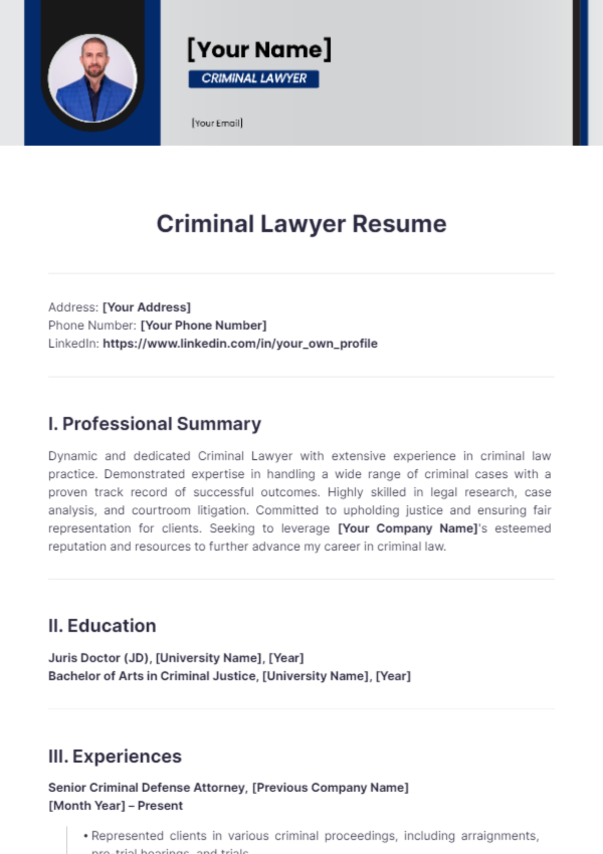 Free Criminal Lawyer Resume Template - Edit Online & Download ...