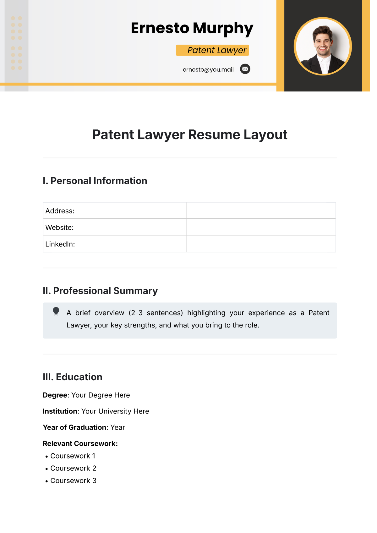 Free Patent Lawyer Resume Layout Template