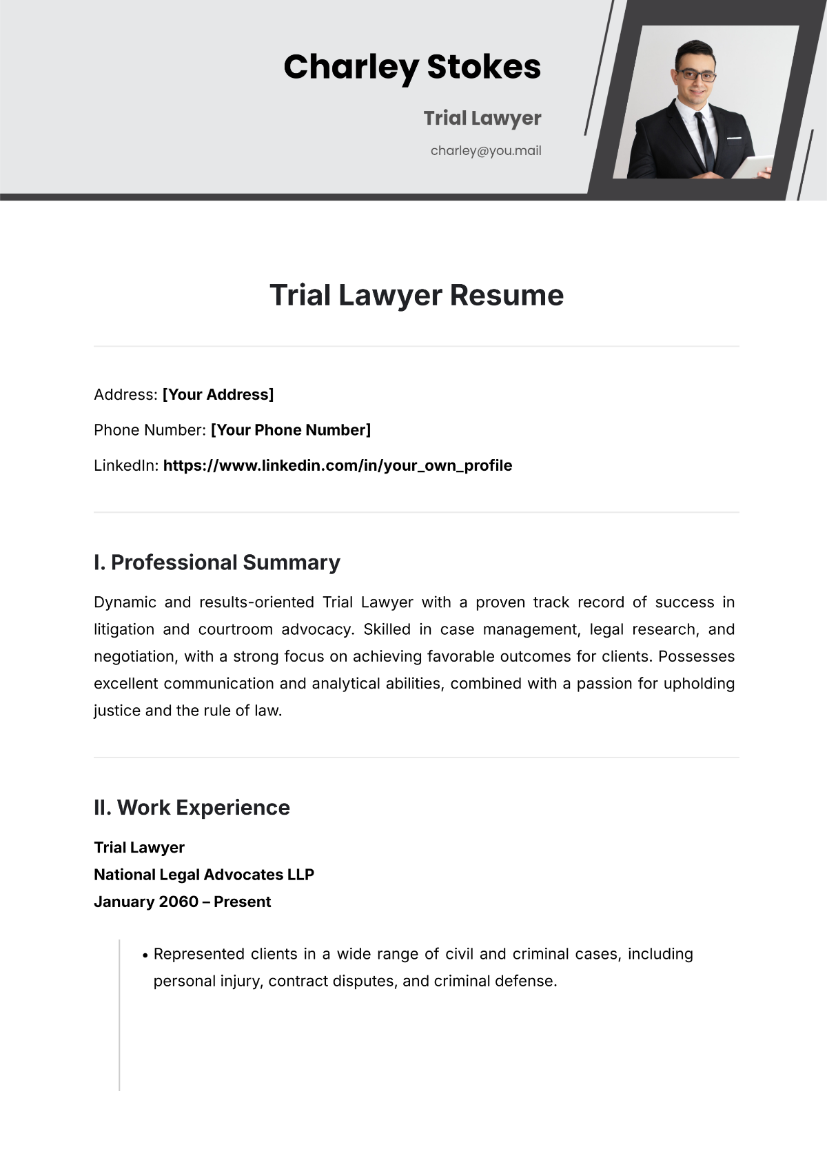 Free Trial Lawyer Resume Template