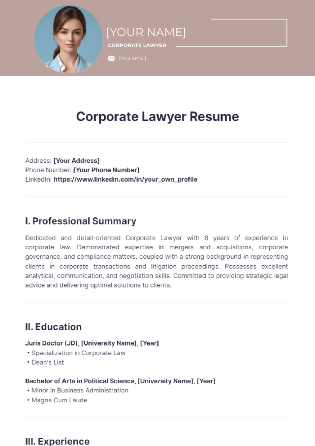 Free Corporate Lawyer Resume Template - Edit Online & Download ...