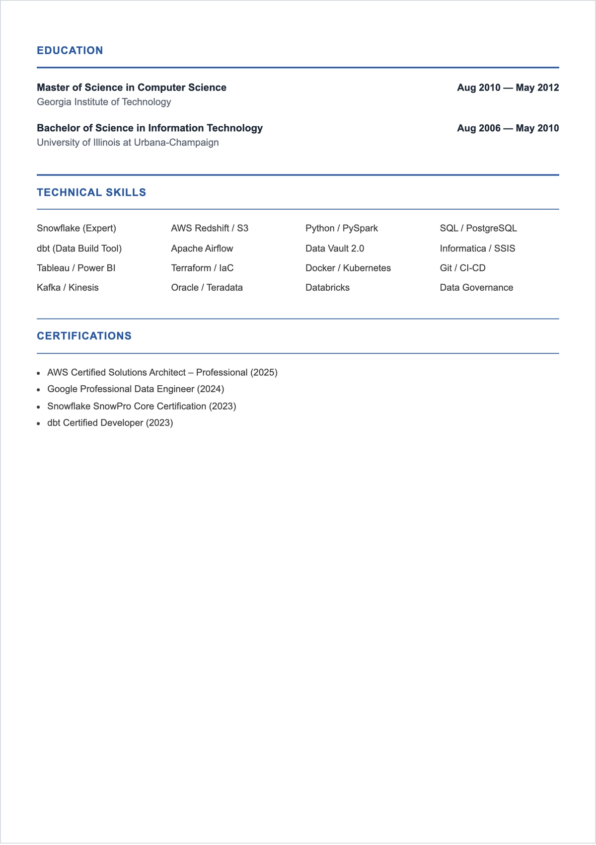 Free Data Warehouse Architect ATS Resume Template, AI Resume Builder